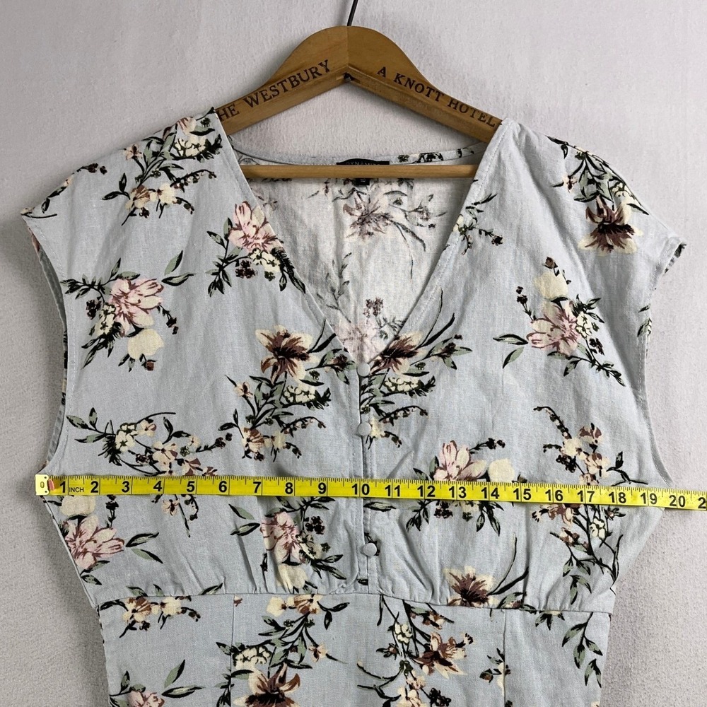 Womens Floral Linen Blend V-Neck Button Front Smocked Crop Top Blue M - Picture 6 of 8